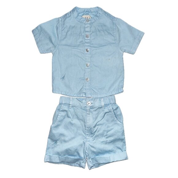 Organic Sky Blue Cotton Woven Collar Shirt and Bermuda Shorts, 6 - 12 months - Picture 1 of 11
